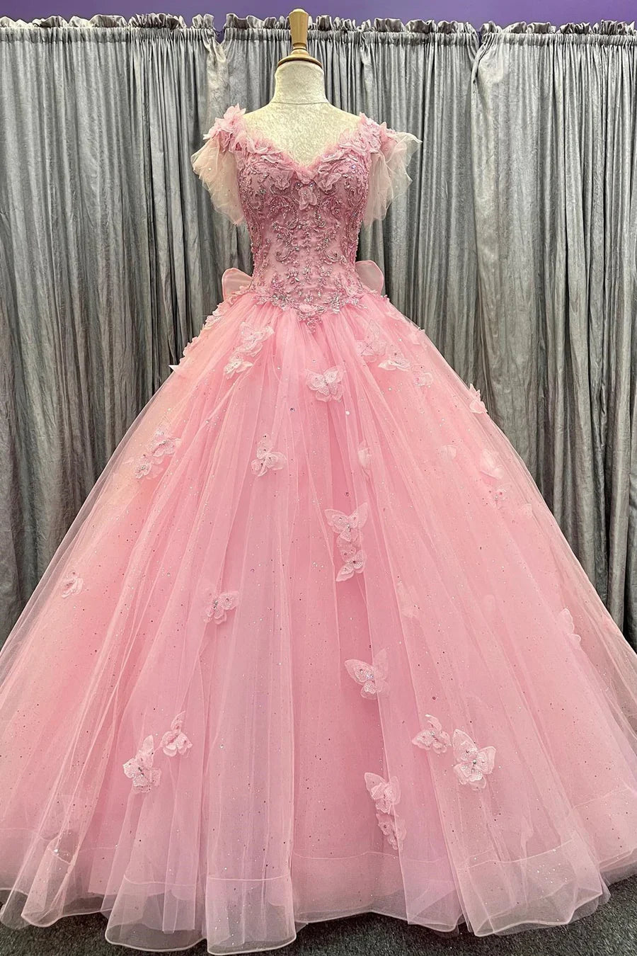 Pink Tulle 3D Floral Lace Bow-Back Ball Gown with Flutter Sleeves